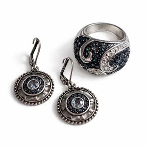 BLUE Pavé Crystal Statement Ring + Matching Drop Earrings Bundle